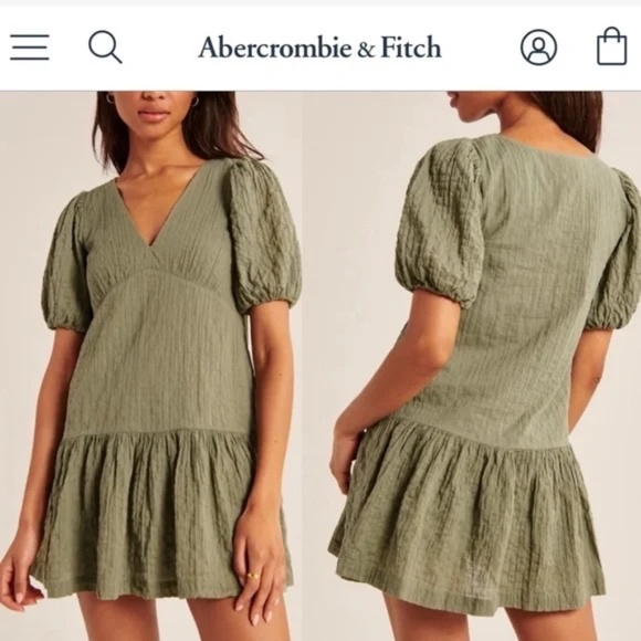 Abercrombie & Fitch Puff Sleeve Trapeze Mini Dress Green Textured S - Picture 1 of 5